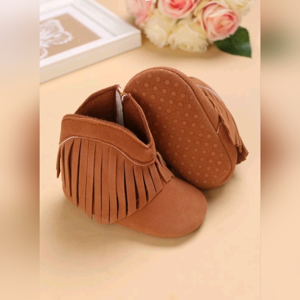 Vacation Brown Western Boots For Baby Girls, Fringe Decor Zipper Side Boots.